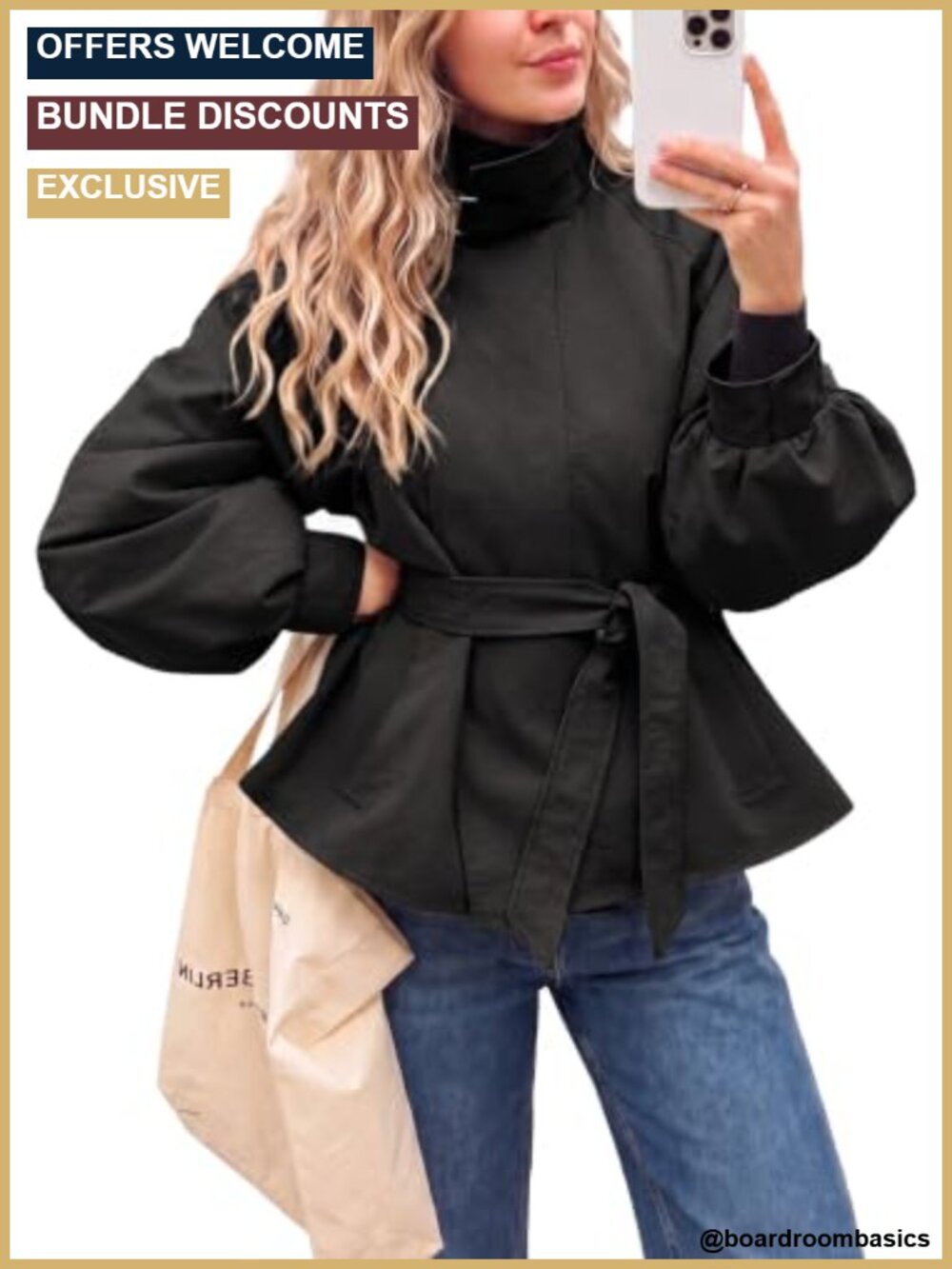 Womens Cropped Trench Coat Lightweight Short Oversized Lantern Sleeve
